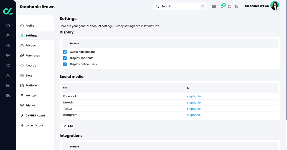 Instructor profile Settings page with Audio notifications, Display shortcuts, and Display online users selected