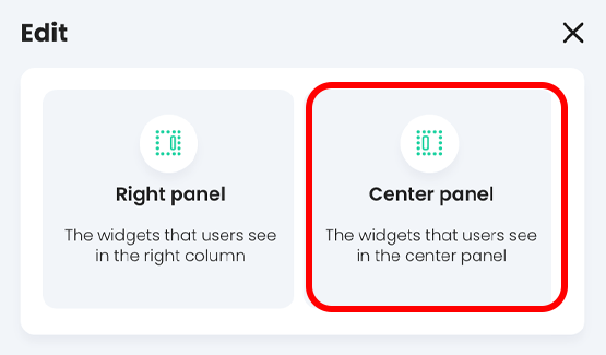 Edit pop-up with Center Panel highlighted