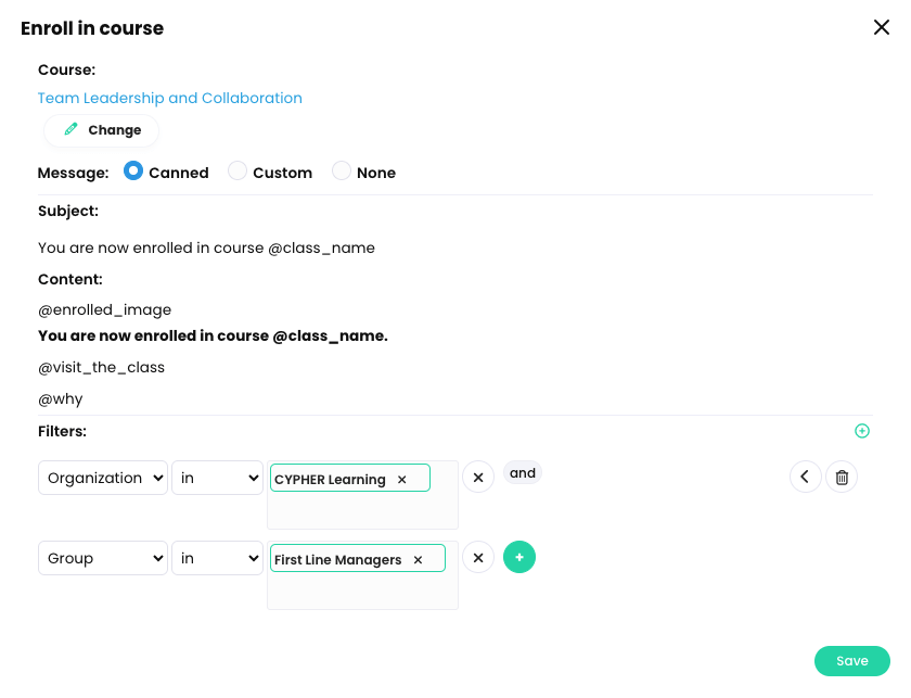 Enroll in course action pop-up, with a course selected and two filters added