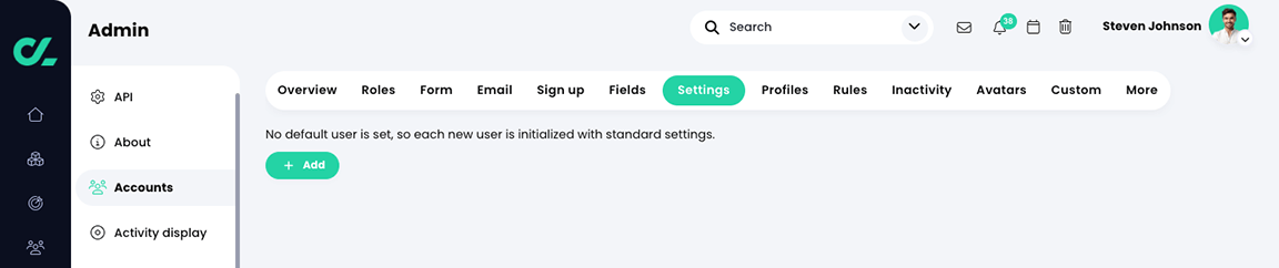 Admin, Accounts, Settings tab