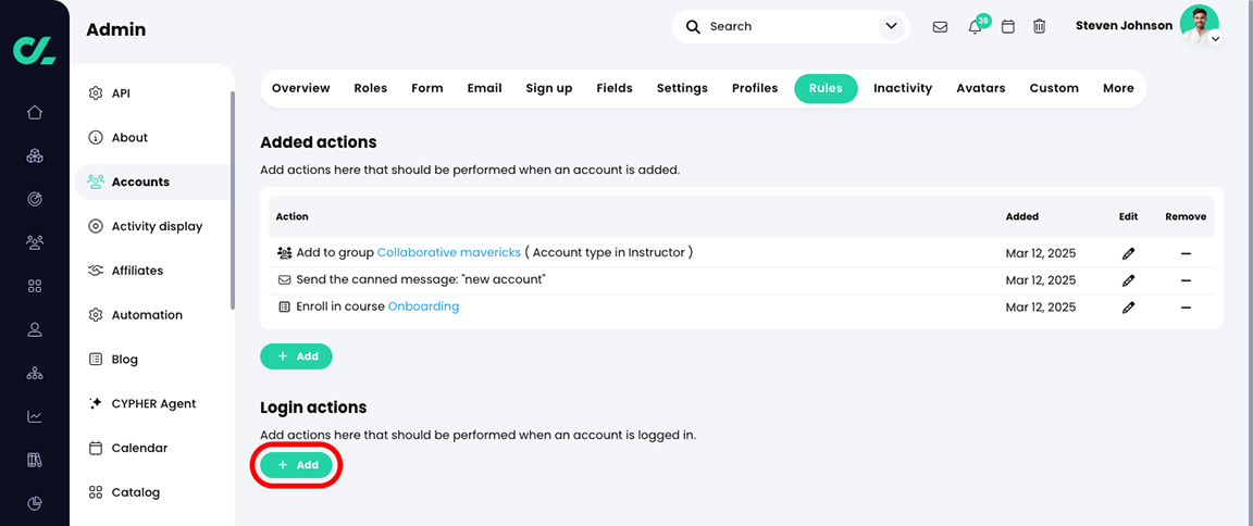 Admin, Accounts, Rules tab with the Add button highlighted in the Login actions section