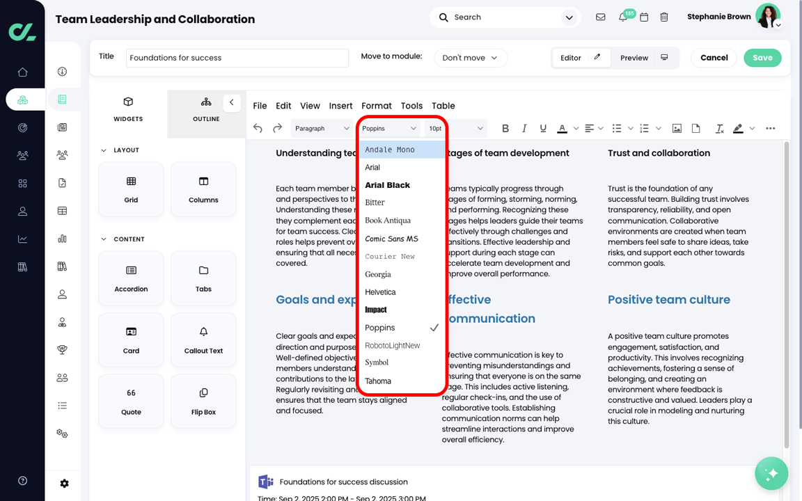 Course, Module, Edit section with the Font style menu active and highlighted