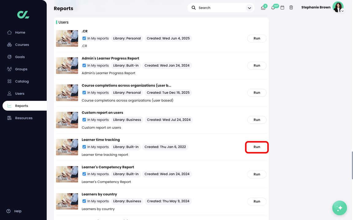 Reports, Users page with the Run button highlighted for the Learner time tracking report