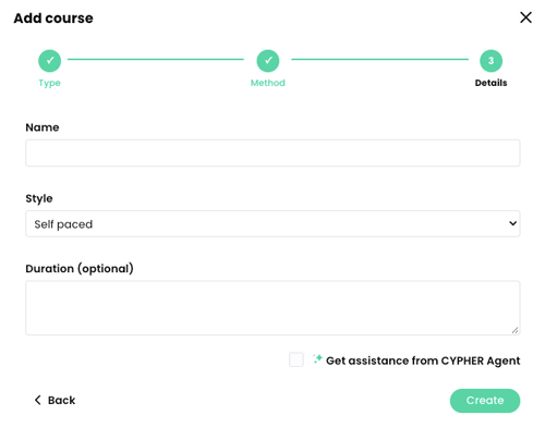 Add course pop-up, Details step