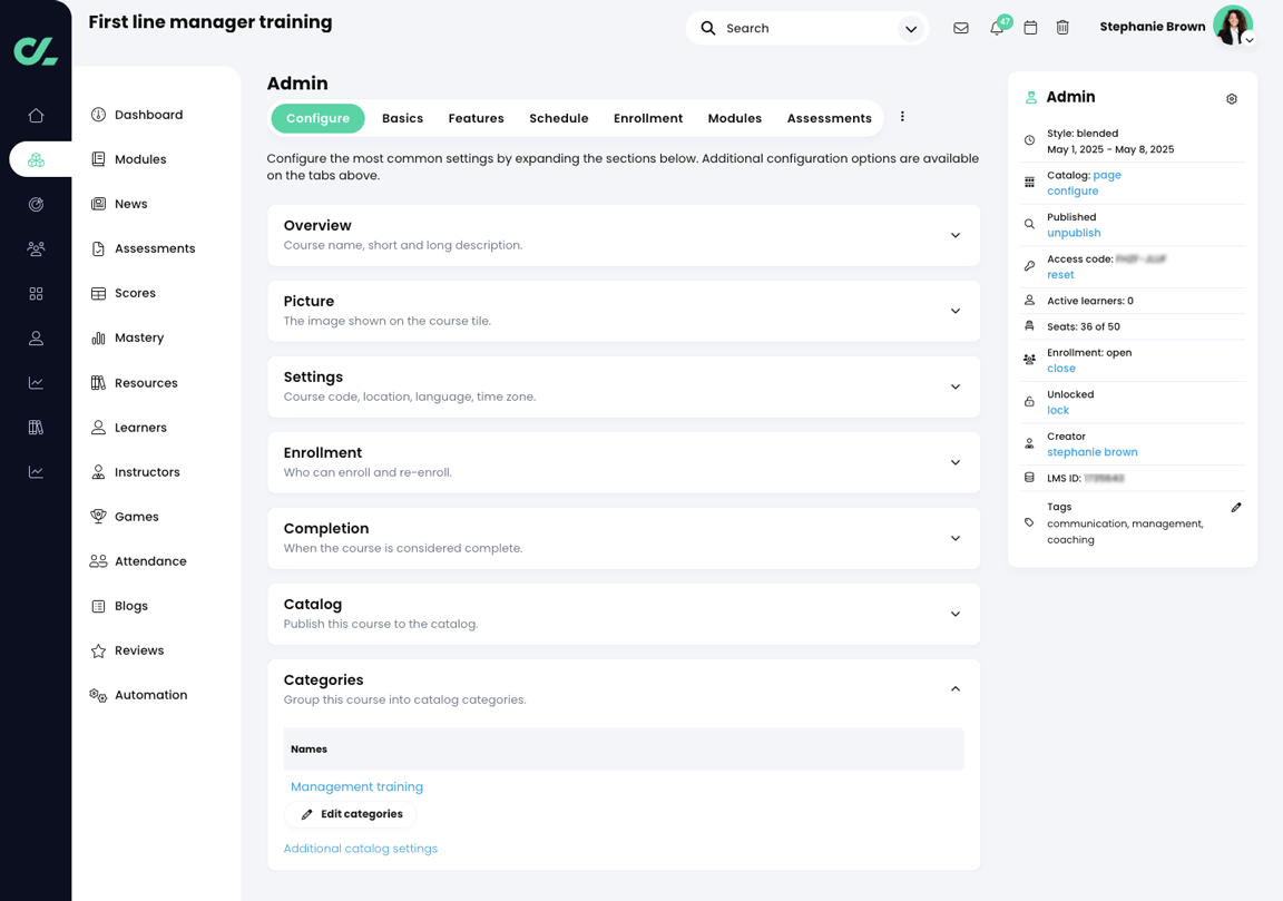 Course, Admin, Configure tab with the Categories section expanded
