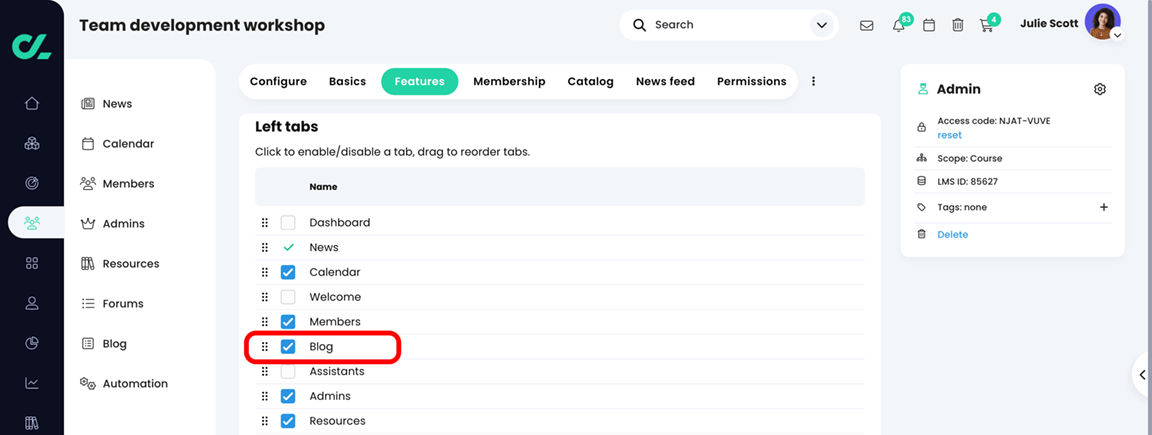 Group, Admin, Features page with the Blog feature selected