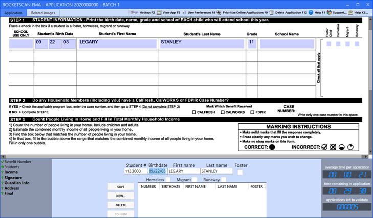 RocketSCAN Validation module showing the Students task.