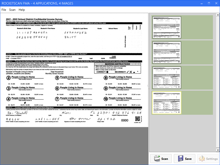 RocketSCAN Scan module after scanning a batch of 4 applications. All 4 applications have a green background in the thumbnail pane.