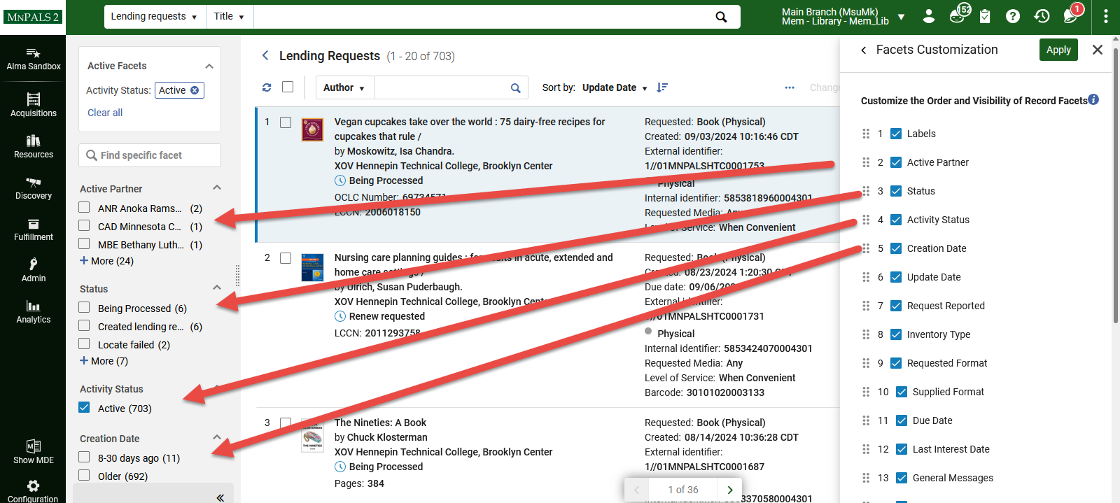 Facet Customization list with arrows pointing to current location of facets