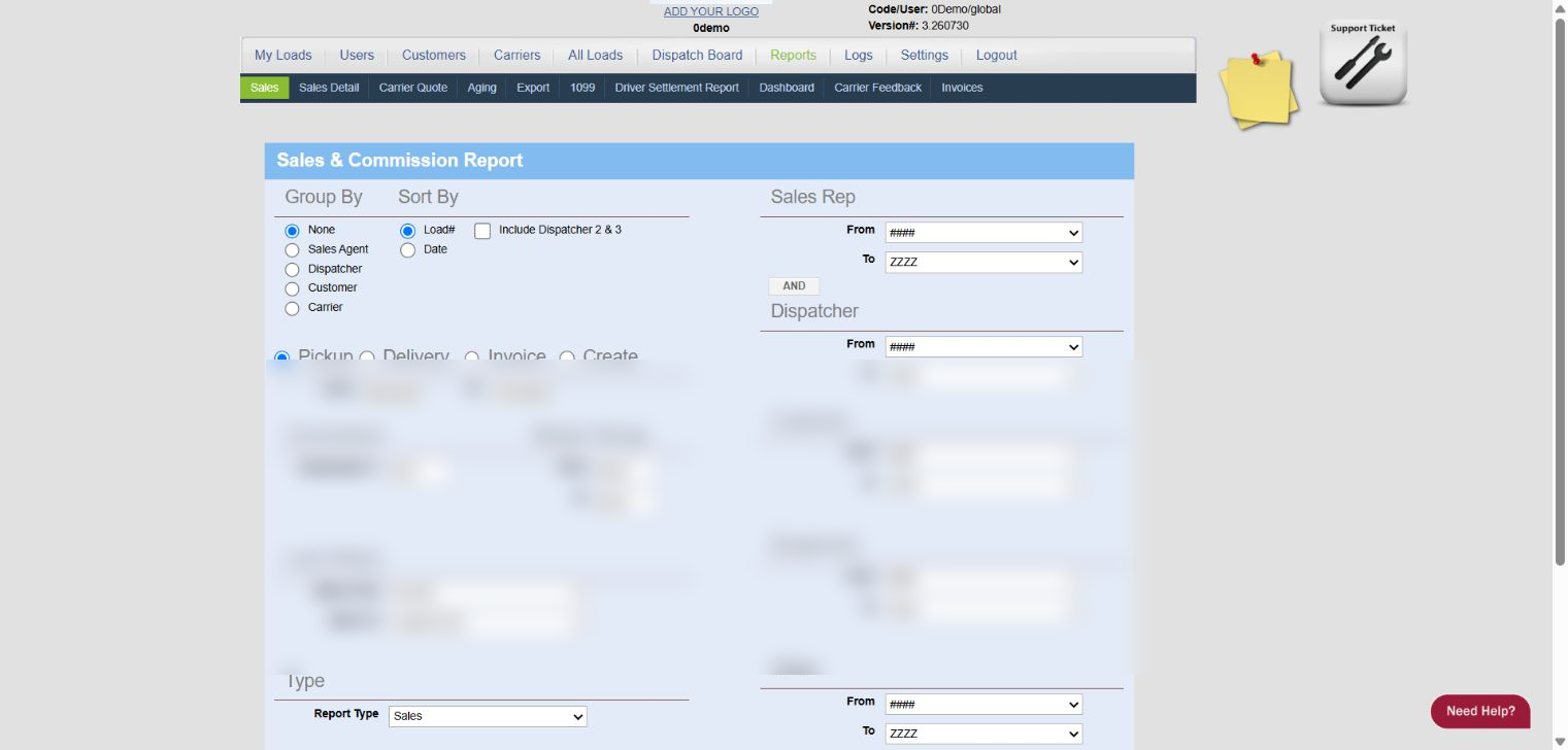0Demo Reports screen with accounting options and sample data redacted