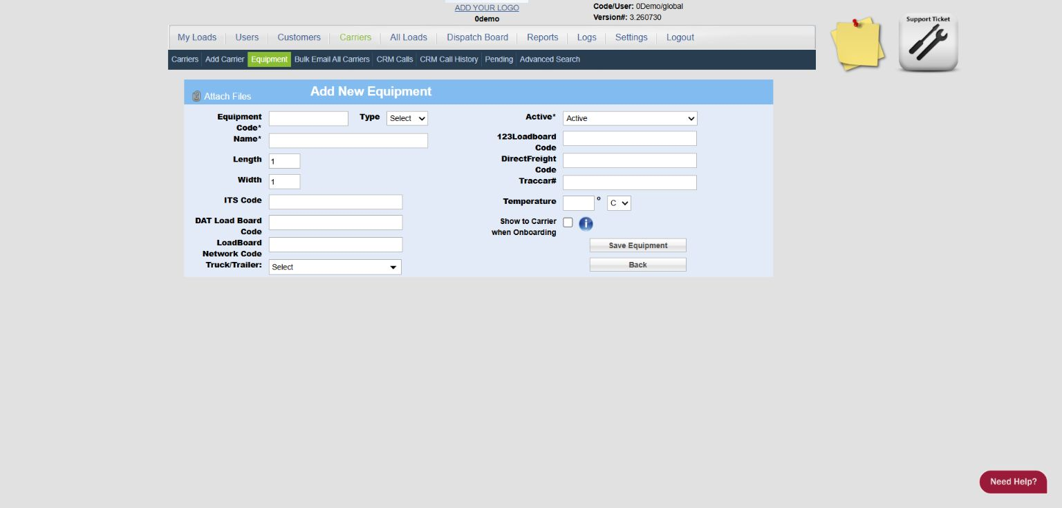 0Demo Add New Equipment form