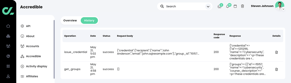 Admin, Accredible, History tab with example API calls listed