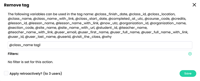 Remove tag pop-up with a tag example entered