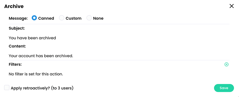 Archive pop-up with a Canned message selected