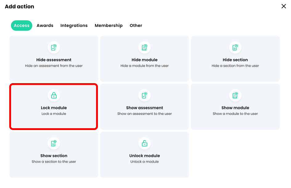Add action pop-up, Access tab with the Lock module button highlighted