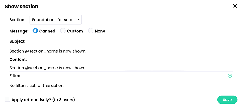 Show section pop-up with a section selected and a canned message