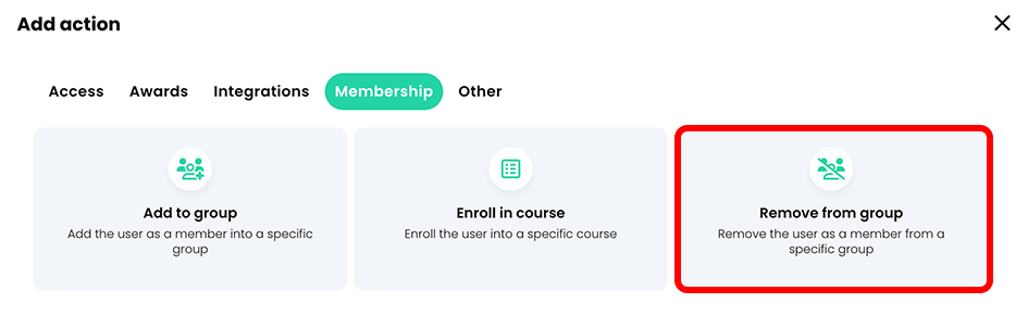 Add action pop-up, Membership tab with the Remove from group button highlighted