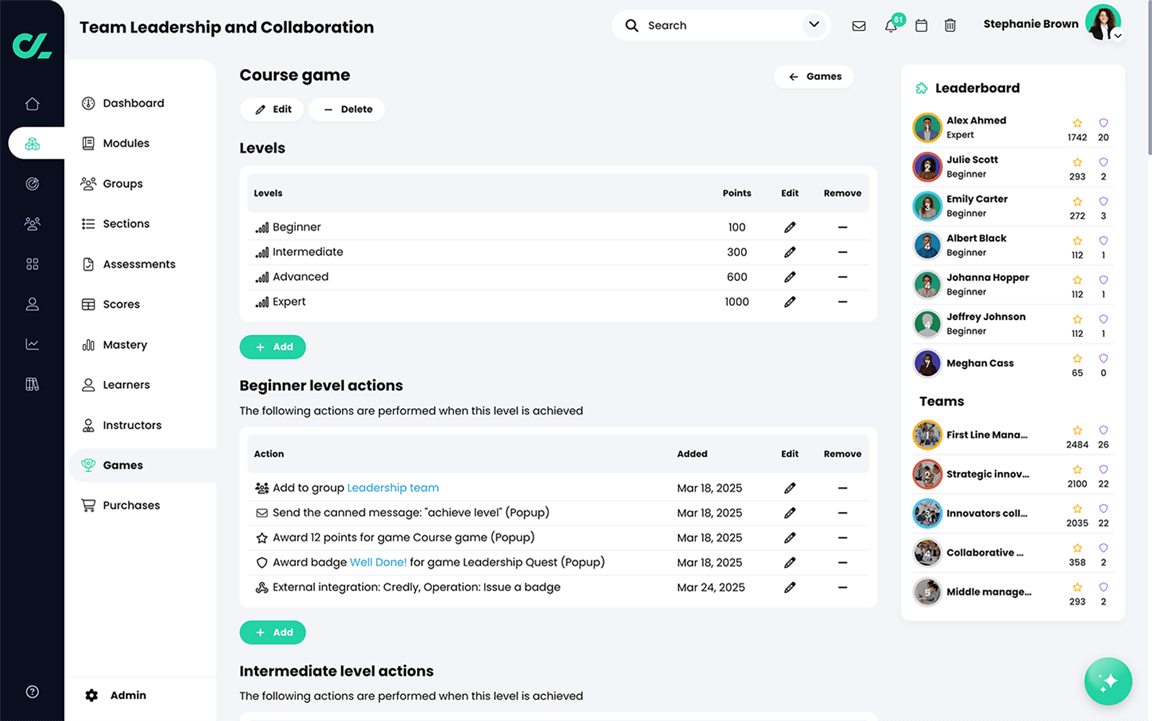Course, Game, Course game page with multiple levels added and actions added to each level