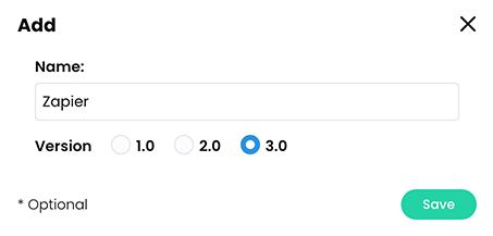 Add pop-up with Zapier entered as a name and Version 3.0 selected