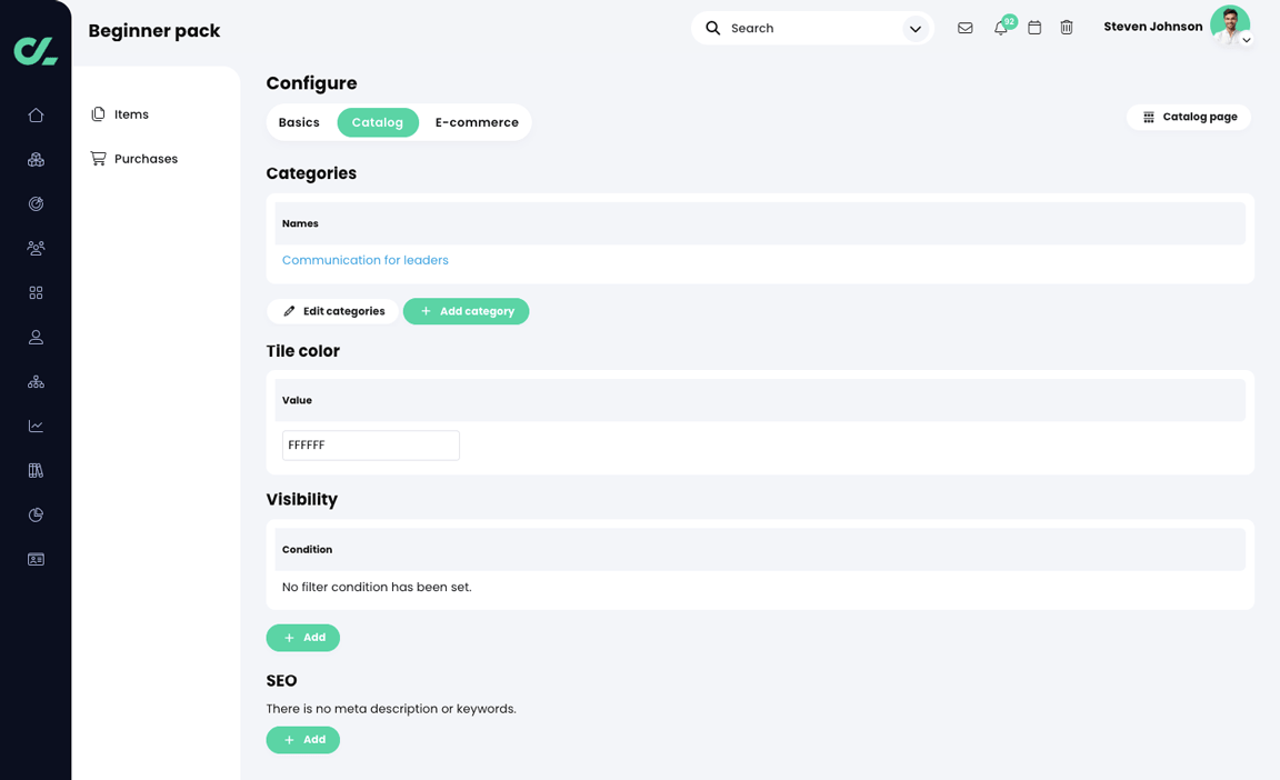 Admin, E-commerce, Bundle, Configure page, Catalog tab show Categories, Tile color, Visibility, and SEO sections