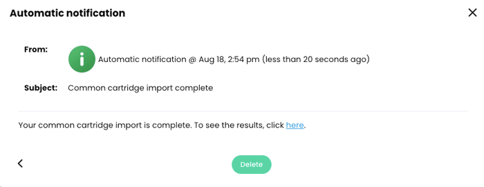 Automatic notification of a successful Common Cartridge course import