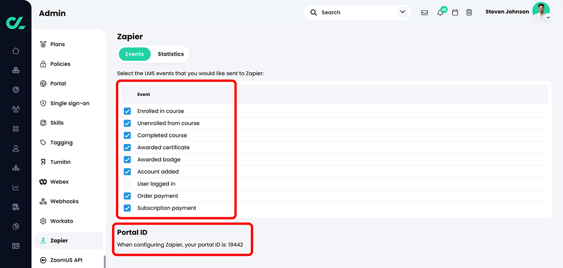 Admin, Zapier page with the Event and Portal ID sections highlighted