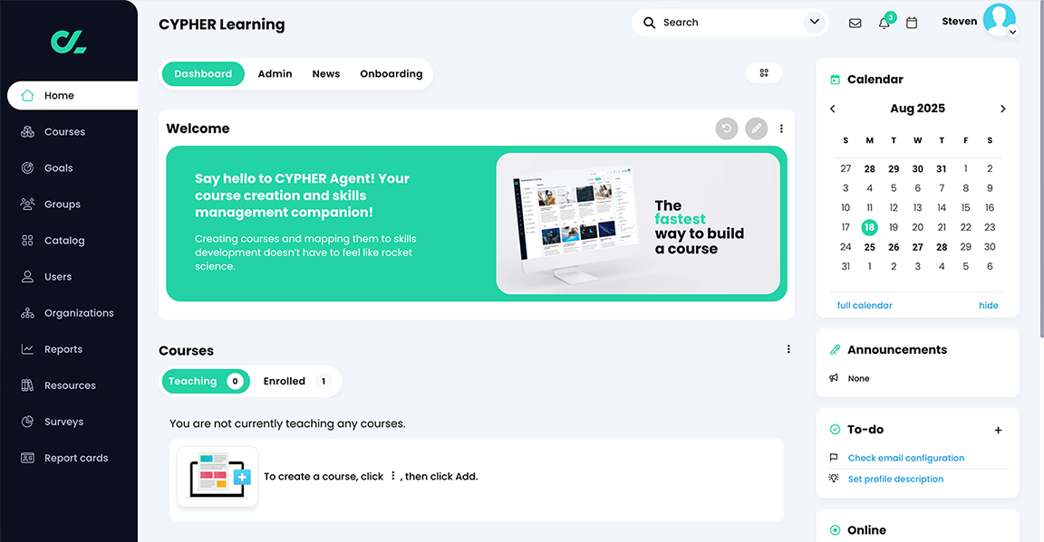 User logged in to the Home dashboard