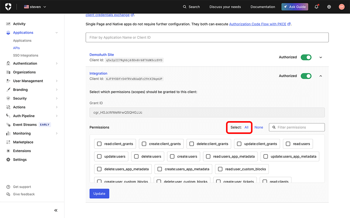 Auth0, Applications, APIs, Auth0 Management API, Machine to Machine Applications tab with the Integration section expanded and the Select All button highlighted
