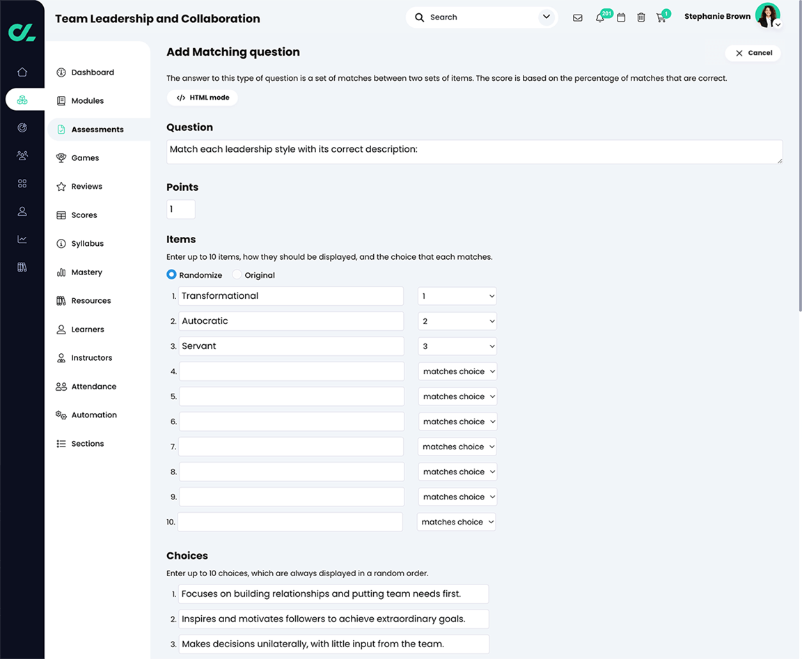 Course, Assessments, Quiz, Add Matching question page
