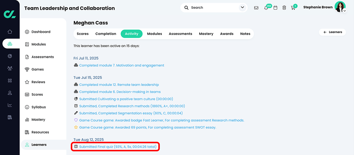Course, Learners, individual learner page, Activity tab with the Final quiz submission details highlighted