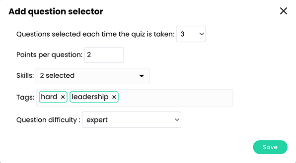 Add question selector pop-up with tag examples
