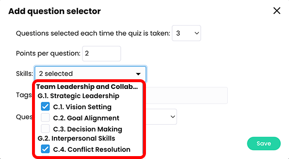 Add question selector pop-up with Skills menu active and highlighted