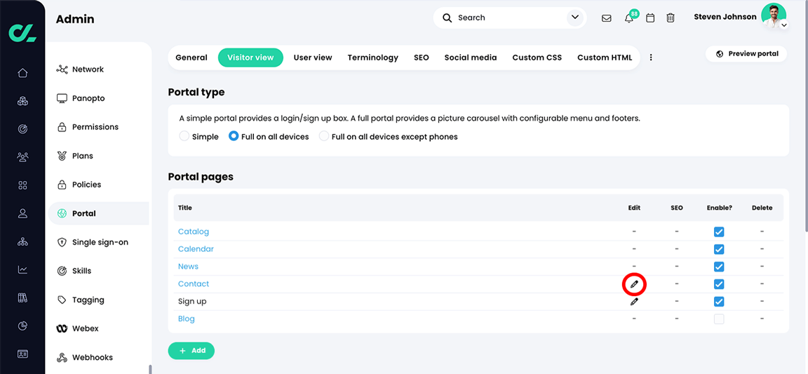 Admin, Portal, Visitor view tab, Portal pages section with the Edit icon highlighted for the Contact portal page
