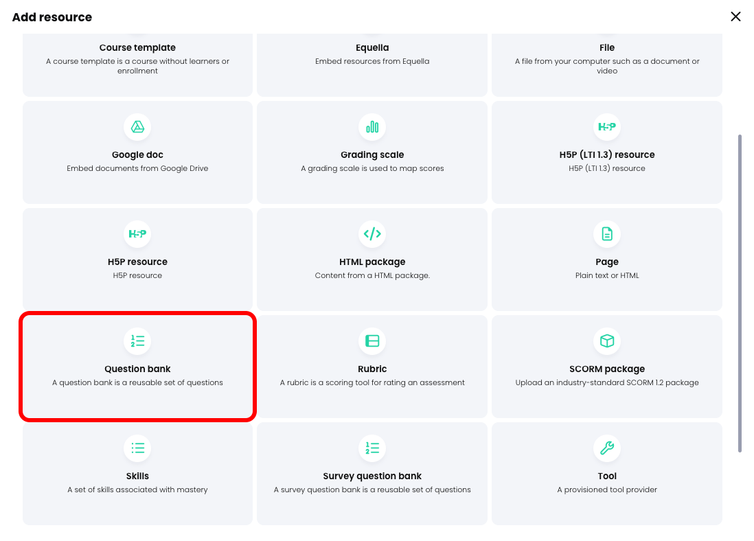 Add resource pop-up with Question bank highlighted