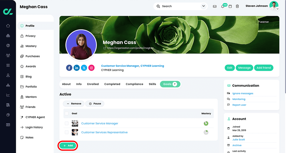 Administrator view of a Learner profile page with the Add button highlighted