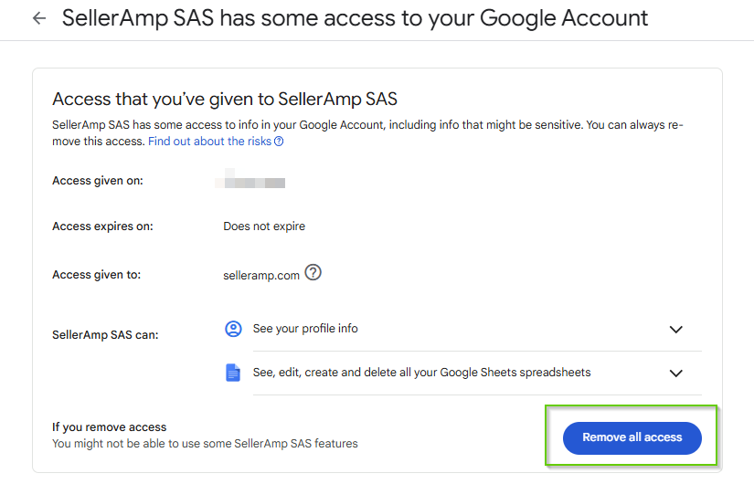 Google account permissions page for SellerAmp with Remove all access button highlighted