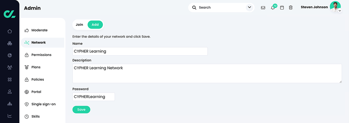 Admin, Network, Add tab with an example of a new network being created