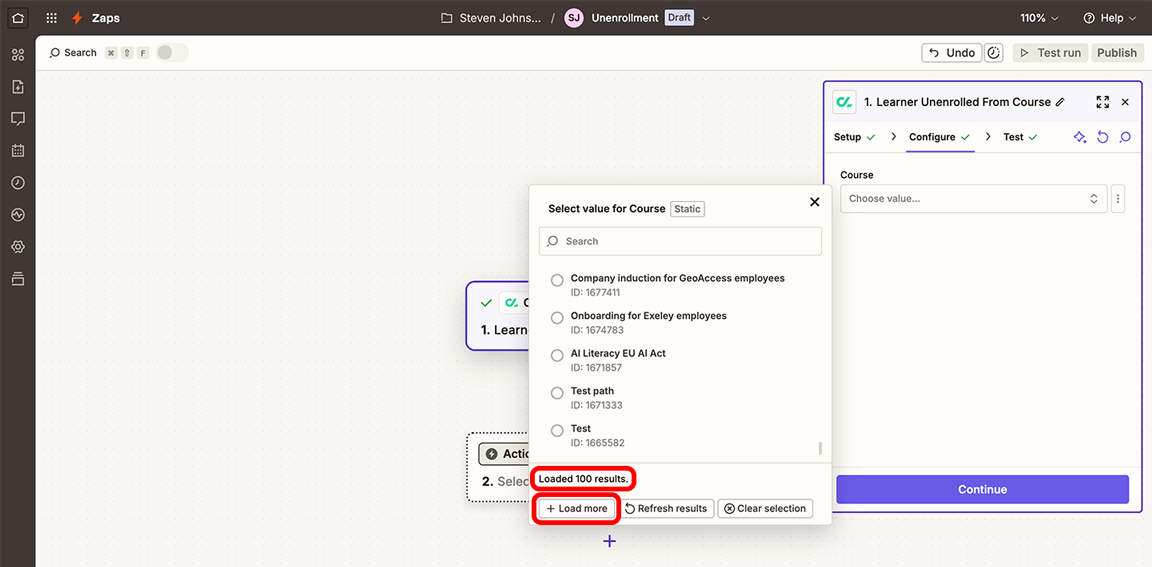 Zapier example Zap flow with a Trigger value window open with the Loaded 100 results text and the Load more button highlighted