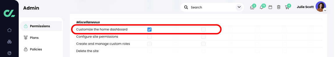 Admin, Permissions, Default organization permissions with the Customize the home dashboard setting selected and highlighted for administrators