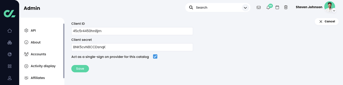 Admin, Catalog, LinkedIn Learning catalog provider settings with the Act as a single-sign on provider for this catalog checkbox selected
