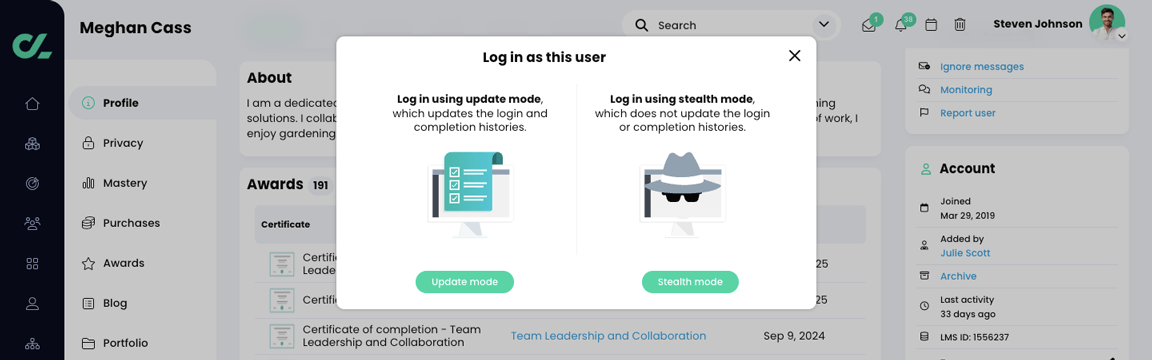 Log in as this user pop-up
