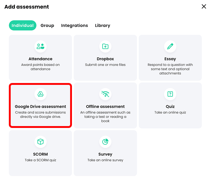 Add assessment pop-up with Google Drive assessment highlighted