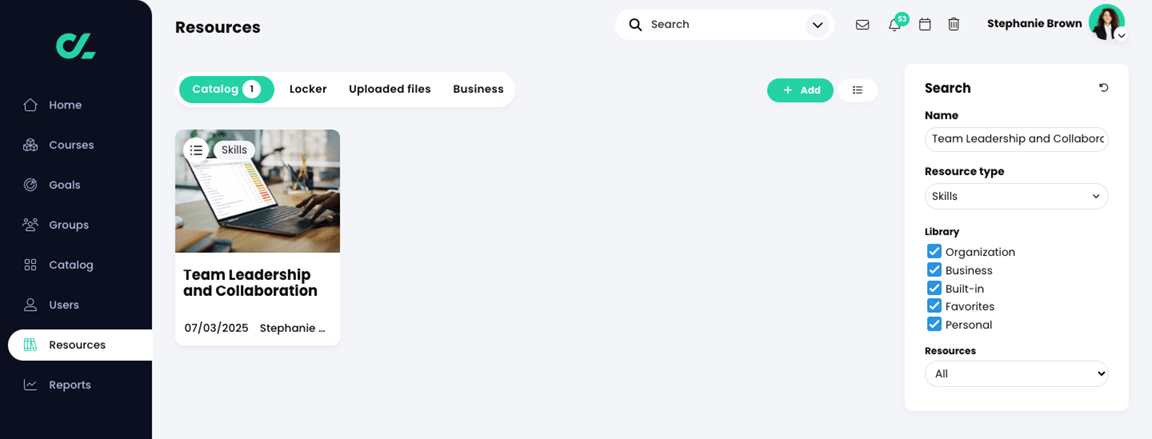 Resources, Catalog with a skill set name and Skill selected as a Resource type in the Search widget