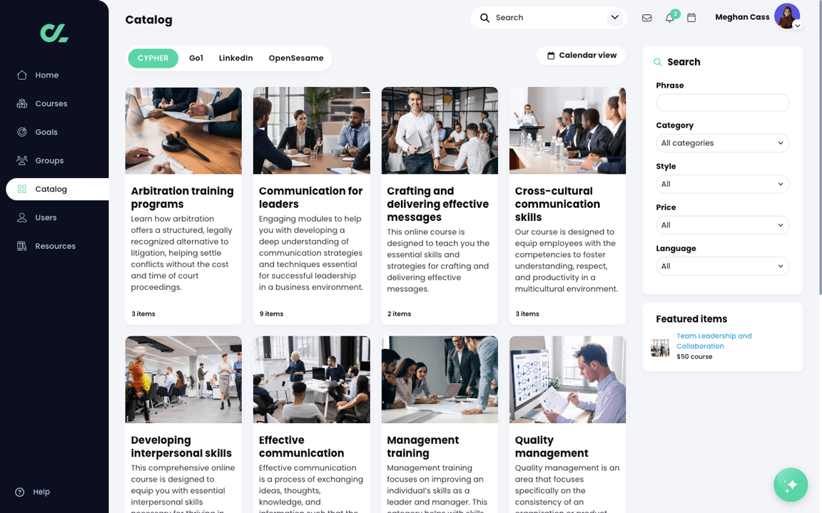 Catalog page, CYPHER tab with eight categories displayed