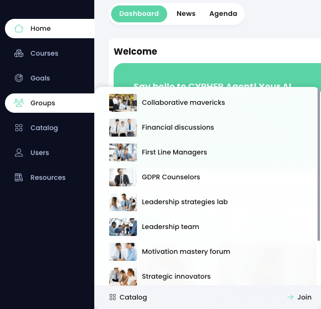 Groups fly-out menu active from the primary navigation menu