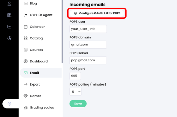 Admin, Email, Configure tab, Google configuration page, Incoming emails section with the Configure OAuth 2.0 for POP3 button highlighted