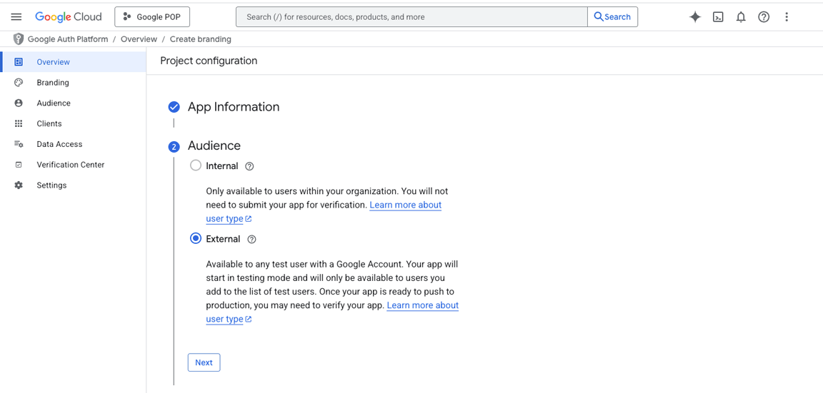 Google Cloud Console, Google Auth Platform, Overview, Project configuration screen, Audience section with External selected