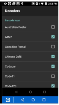 Decoders list showing barcode symbology checkboxes