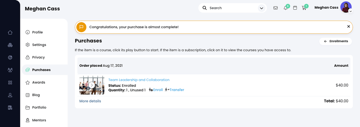 User profile, Purchases page