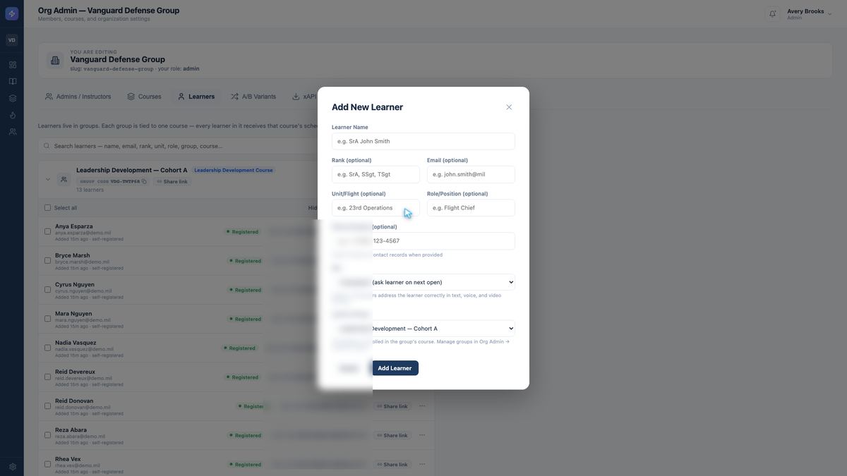 Add New Learner dialog open over the roster